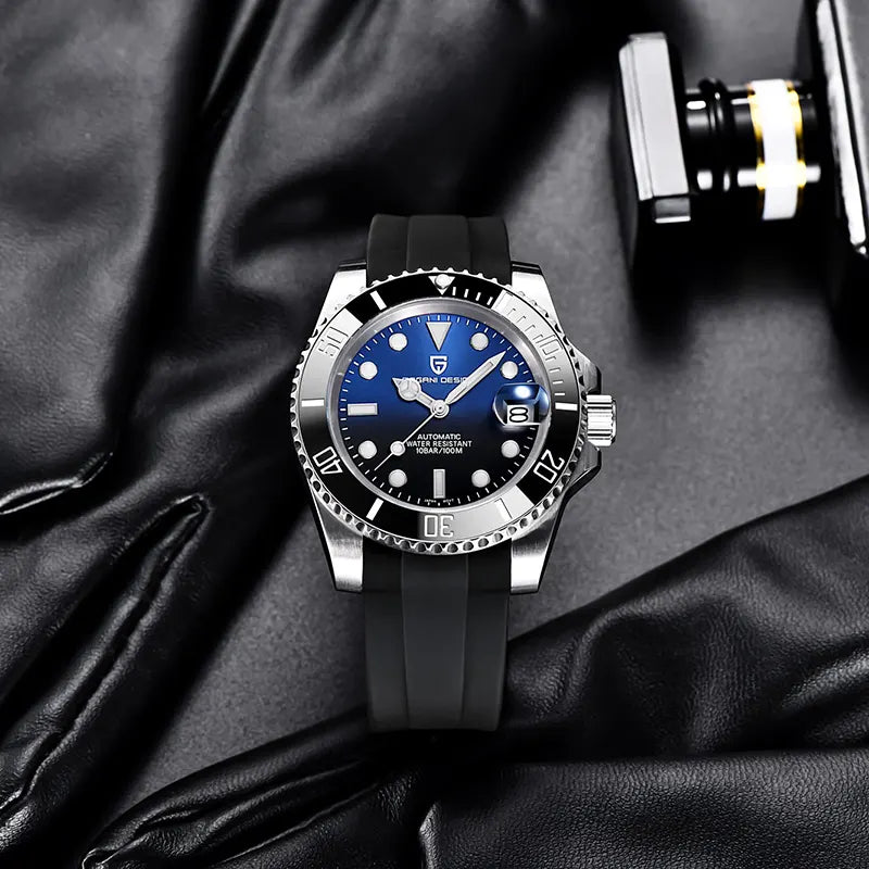 PAGANI DESIGN MEN'S WATCH AUTOMATIC SILVER STAINLESS STEEL BLACK & BLUE DAIL CHAIN WATCH SKU-PD-1651