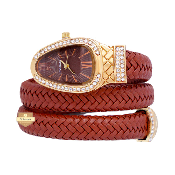 NEW LATEST COLLECTION SNAKE STYLE YELLOW GOLD WITH RED LADIES WATCH