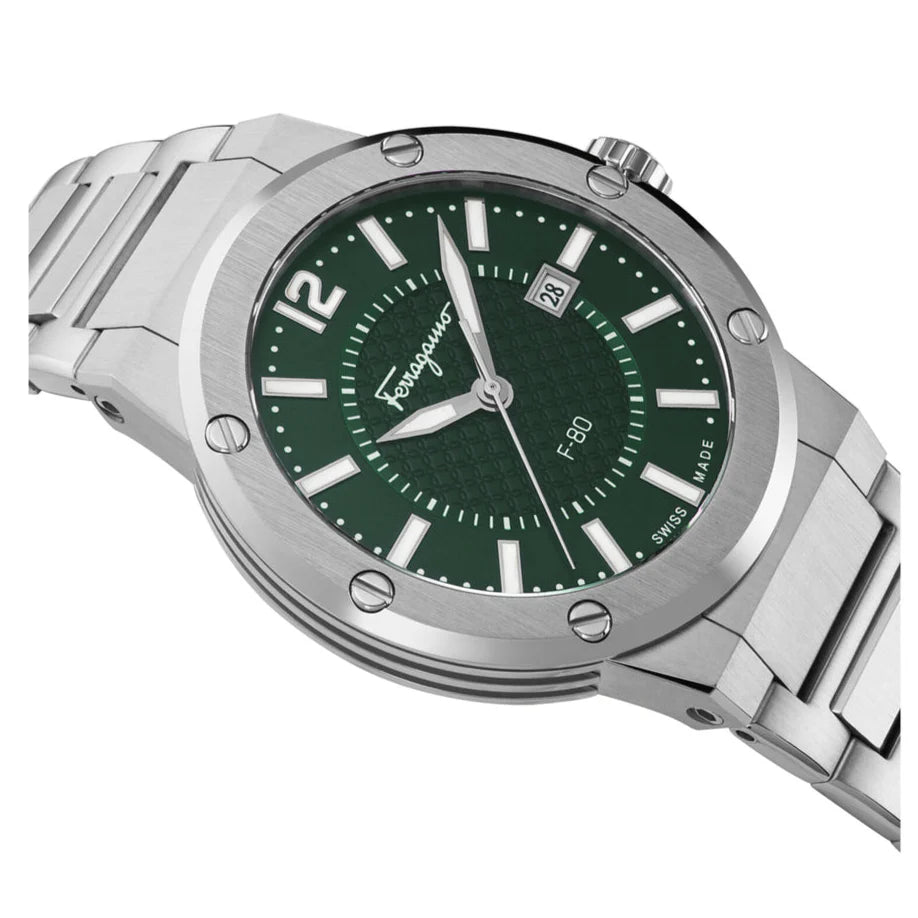 Ferragamo Men’s Swiss Made Quartz Silver Stainless Steel Green Dial 44mm Watch SFHY00621