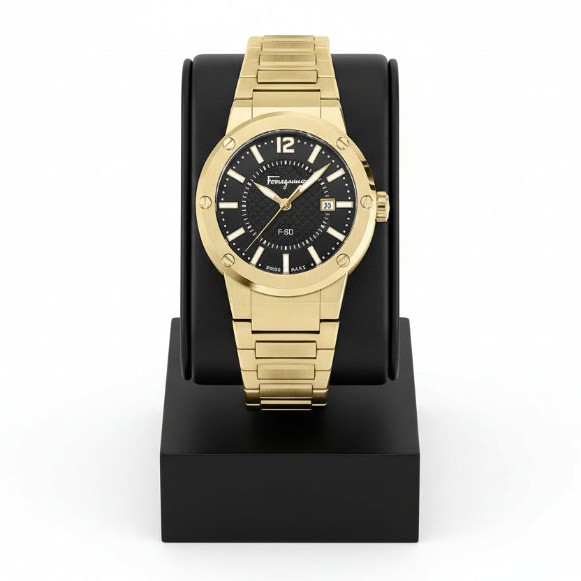 Ferragamo Men’s Swiss Made Quartz Gold Stainless Steel Black Dial 44mm Watch SFHY00821