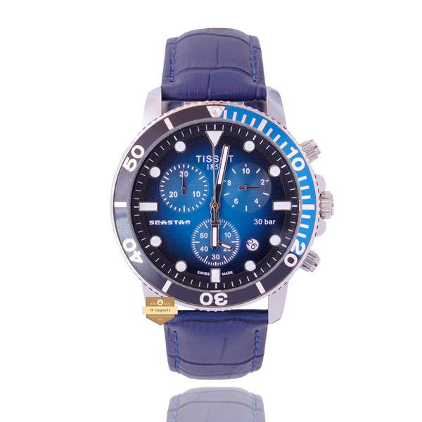 LATEST CHRONOGRAPH COLLECTION SILVER WITH BLUE DAIL & LEATHER STRAP WATCH