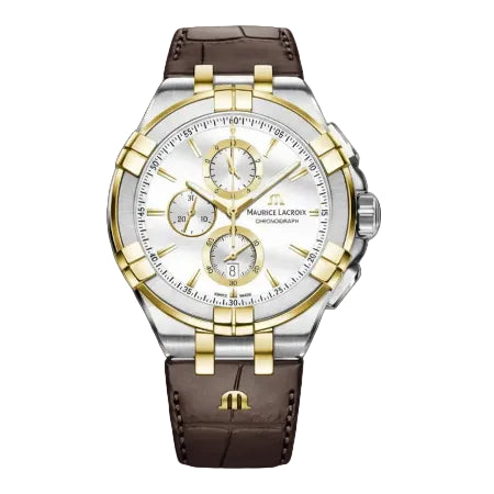 Maurice Lacroix Men’s Quartz Swiss Made Brown Leather Strap Silver Dial 44mm Watch AI1018-PVY11-132-1
