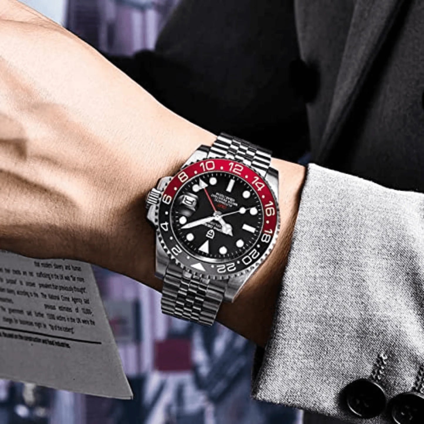 PAGANI DESIGN MEN'S GMT BLACK COKE ROTATE BAZEL AUTOMATIC WITH STAINLESS STEEL JUBILEE CHAIN WATCH SKU-PD1662