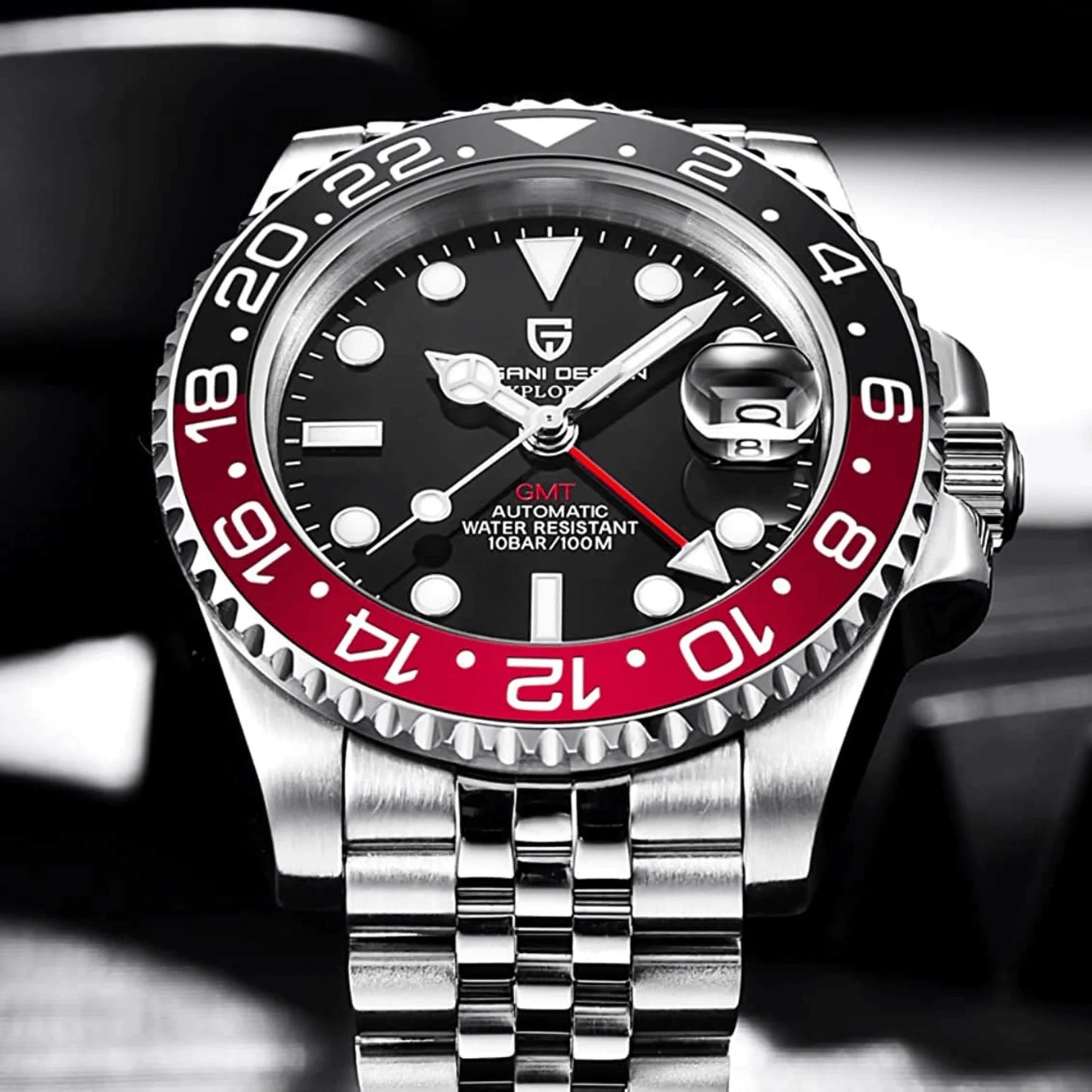 PAGANI DESIGN MEN'S GMT BLACK COKE ROTATE BAZEL AUTOMATIC WITH STAINLESS STEEL JUBILEE CHAIN WATCH SKU-PD1662