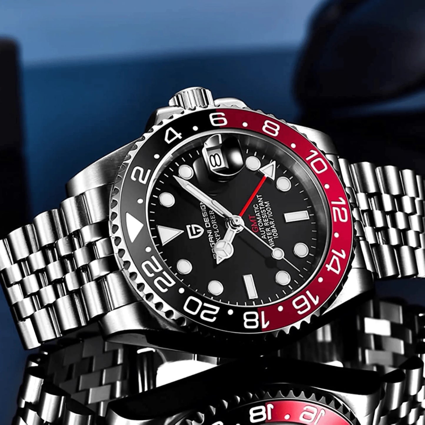 PAGANI DESIGN MEN'S GMT BLACK COKE ROTATE BAZEL AUTOMATIC WITH STAINLESS STEEL JUBILEE CHAIN WATCH SKU-PD1662