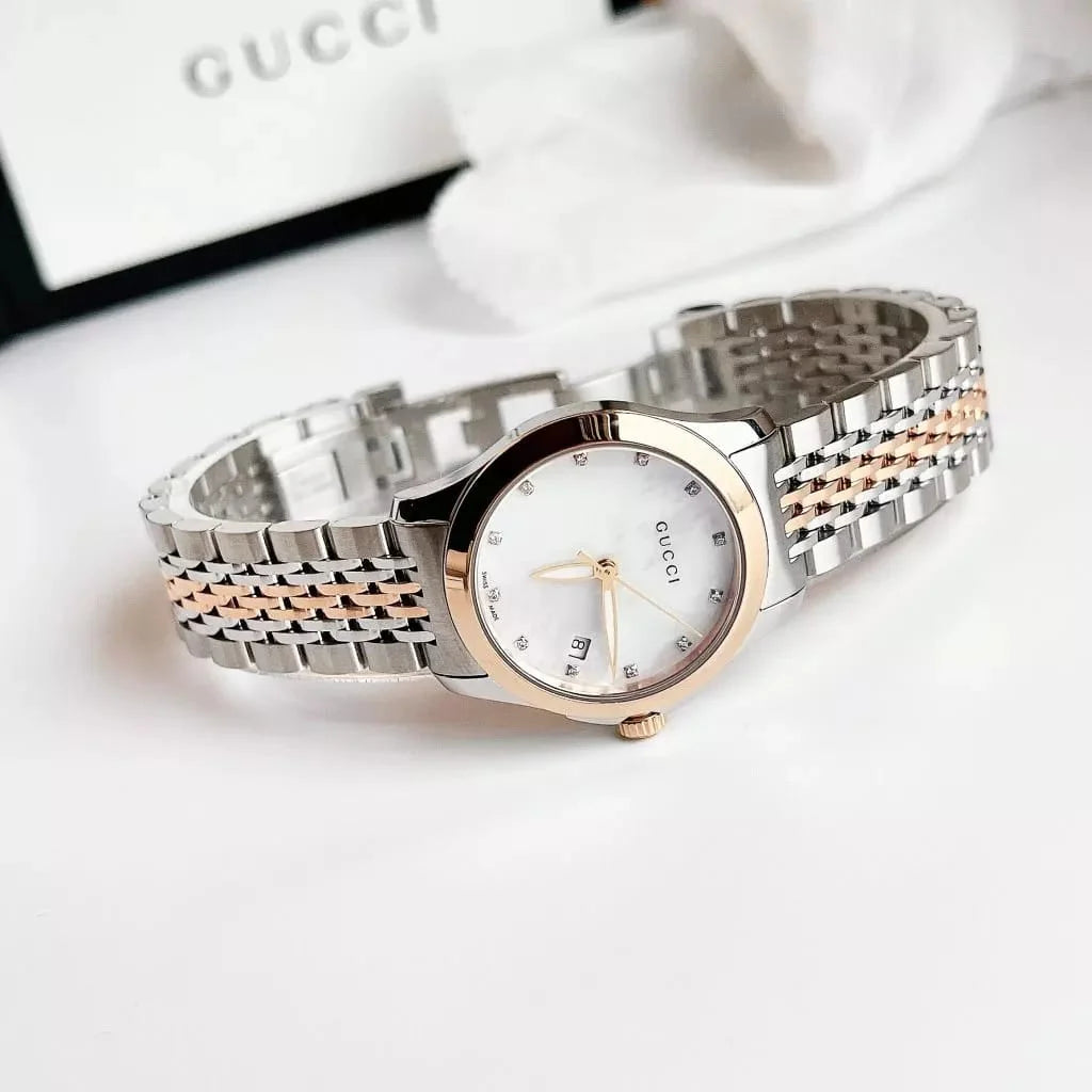 Gucci Women’s Swiss Made Quartz Stainless Steel Mother of Pearl Dial 27mm Watch YA126514