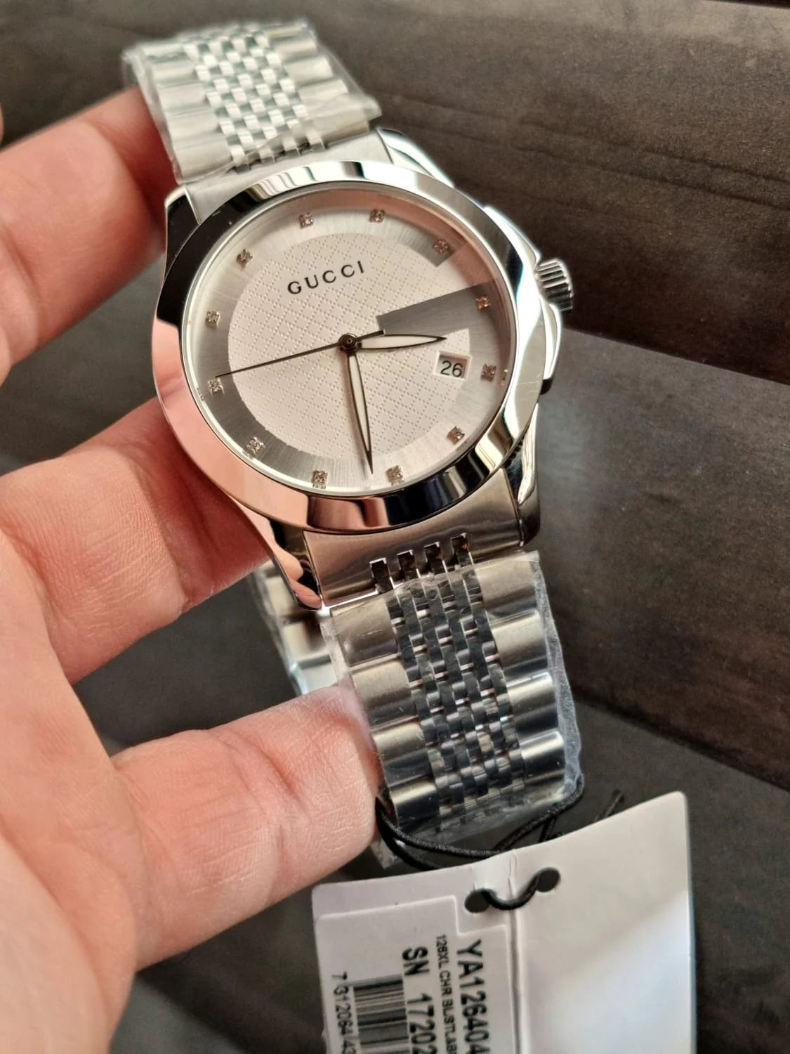 Gucci Men’s Swiss Made Quartz Silver Stainless Steel Silver Patterned Dial 38mm Watch YA126404