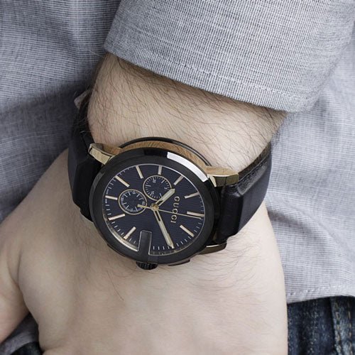 Gucci Men’s Swiss Made Quartz Leather Strap Black Dial 44mm Watch YA101203