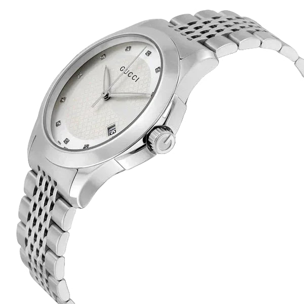 Gucci Men’s Swiss Made Quartz Silver Stainless Steel Silver Patterned Dial 38mm Watch YA126404