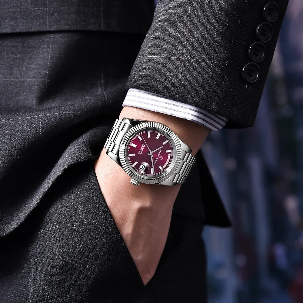 PAGANI DESIGN MEN'S DAYNDATE 40MM PRESIDENT SILVER STAINLEES STEEL WITH RED CHEERY DAIL AUTOMATIC CHAIN WATCH SKU-PD1783