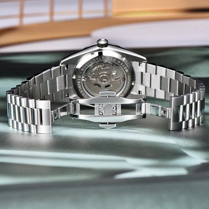 PAGANI DESIGN MEN'S DAYNDATE 40MM PRESIDENT SILVER STAINLEES STEEL WITH RED CHEERY DAIL AUTOMATIC CHAIN WATCH SKU-PD1783