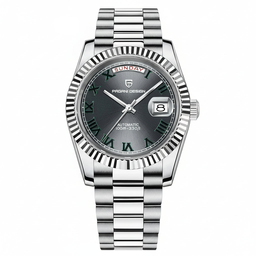 PAGANI DESIGN MEN'S WIMBLEDON DAYNDATE AUTOMATIC SILVER STAINLESS STEEL CARCOAL DAIL CHAIN WATCH SKU-PD1783