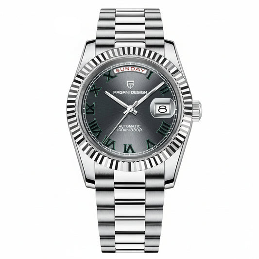 PAGANI DESIGN MEN'S WIMBLEDON DAYNDATE AUTOMATIC SILVER STAINLESS STEEL CARCOAL DAIL CHAIN WATCH SKU-PD1783