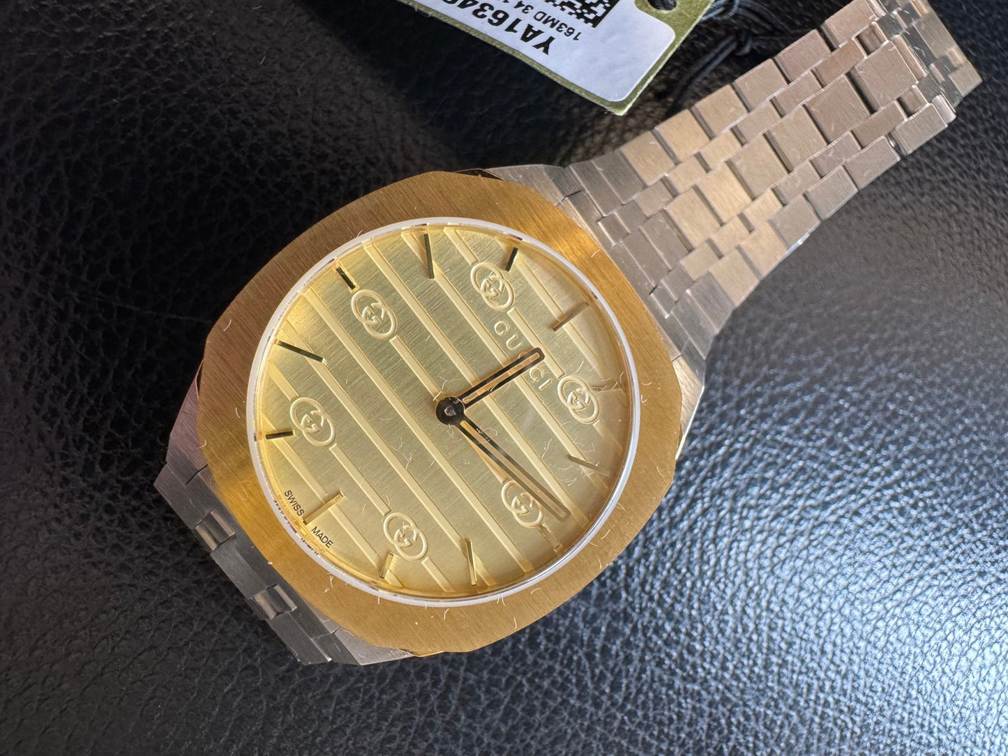 Gucci Women’s Swiss Made Quartz Silver Stainless Steel Gold Dial 34mm Watch YA163403