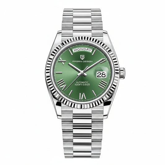 PAGANI DESIGN MEN'S DAYNDATE SILVER STAINLESS STEEL AUTOMATIC 36MM CHAIN WATCH SKU-PD1752