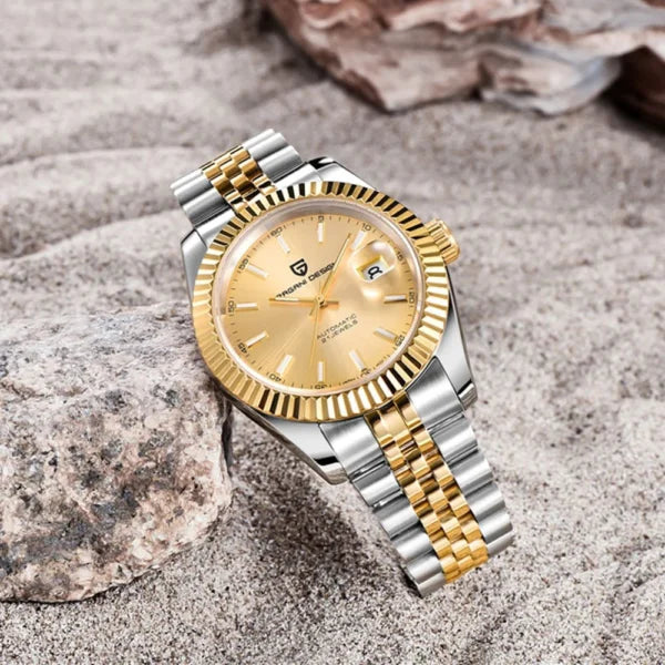 PAGANI DESIGN MEN'S WATCH DATEJUST GOLD TWO TONE SILVER STAINLESS STEEL AUTOMATIC JUBILEE CHAIN WATCH SKU-PD1645