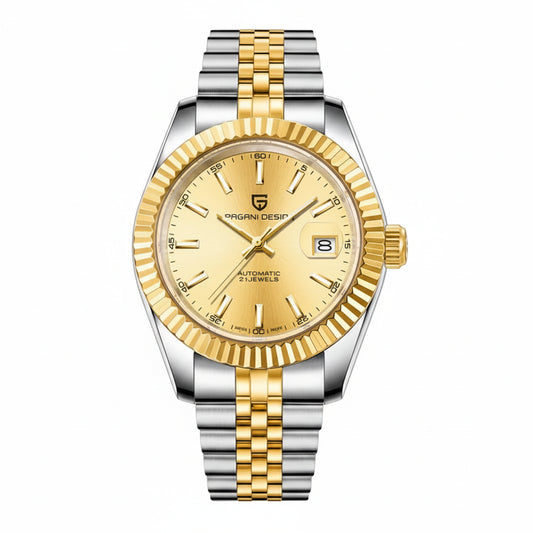 PAGANI DESIGN MEN'S WATCH DATEJUST GOLD TWO TONE SILVER STAINLESS STEEL AUTOMATIC JUBILEE CHAIN WATCH SKU-PD1645