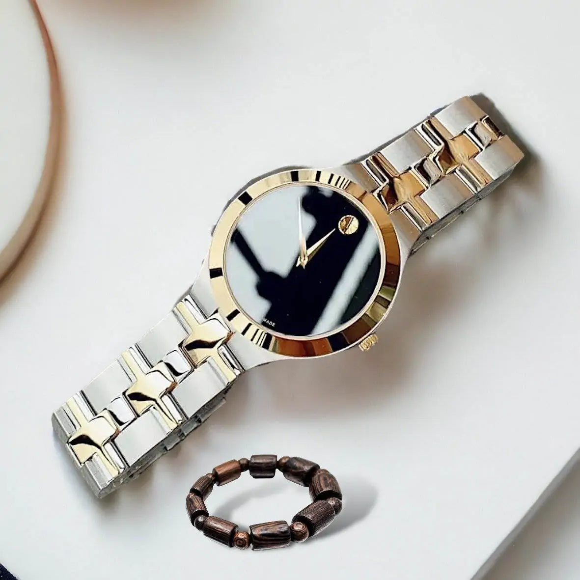 Movado Men’s Quartz Swiss Made Two Tone Yellow Gold Stainless Steel Black Dial 40mm Watch 0607443