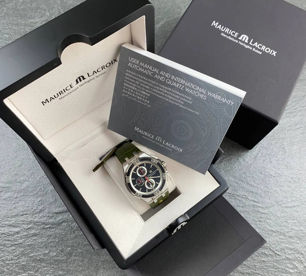 Maurice Lacroix Men’s Quartz Swiss Made Green Leather Strap Black Dial 44mm Watch AI1018-PVB21-330-1