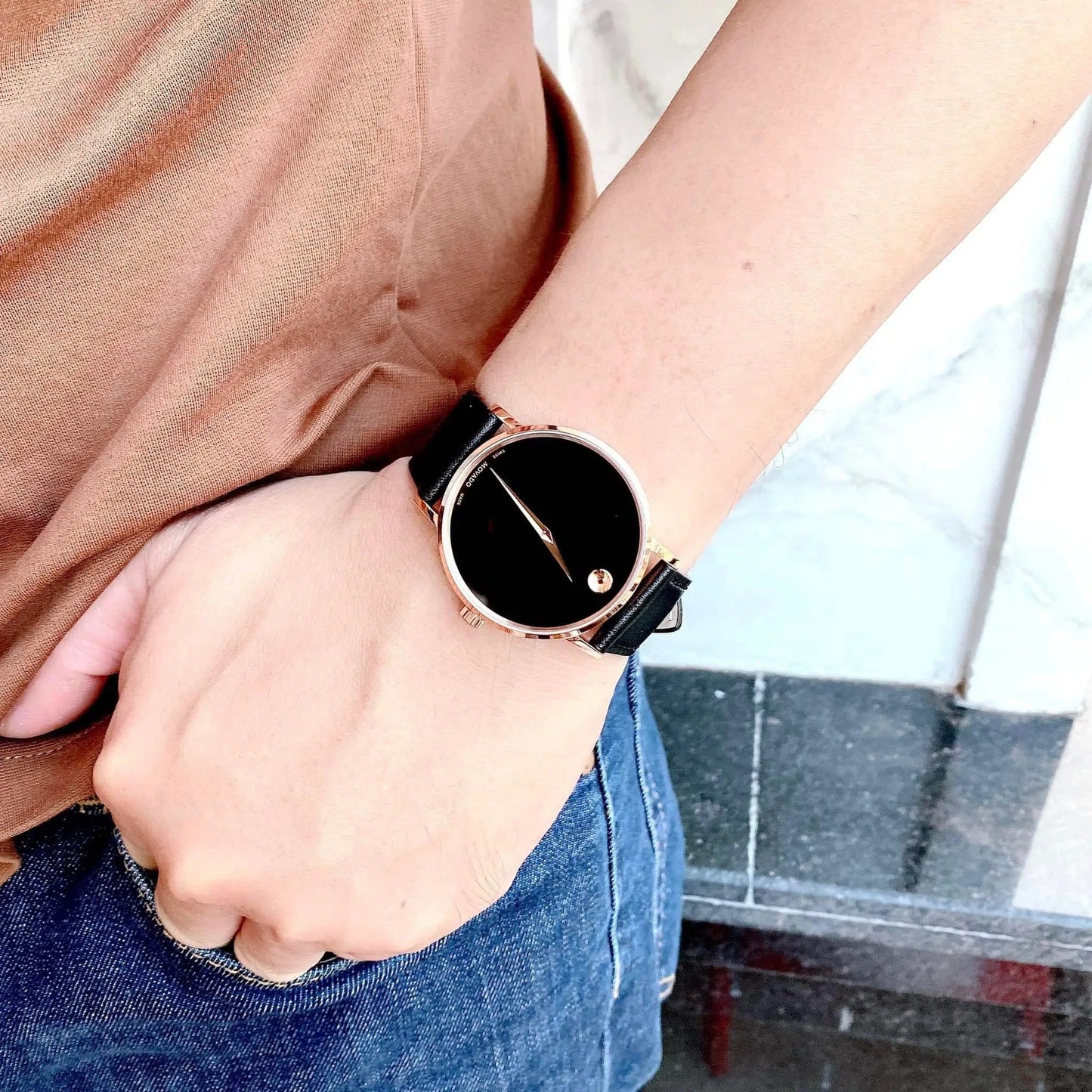 Movado Men’s Swiss Made Quartz Rose Gold Black Leather Strap Black Dial 40mm Watch 0607315