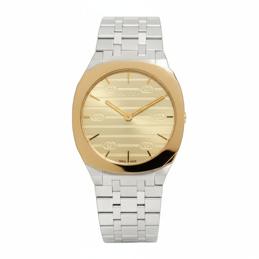 Gucci Women’s Swiss Made Quartz Silver Stainless Steel Gold Dial 34mm Watch YA163403