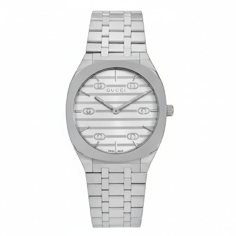 Gucci Women’s Swiss Made Quartz Silver Stainless Steel Silver Dial 34mm Watch YA163402