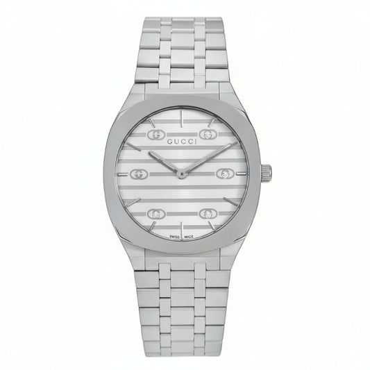 Gucci Women’s Swiss Made Quartz Silver Stainless Steel Silver Dial 34mm Watch YA163402