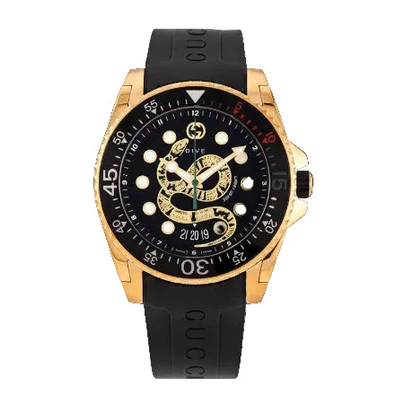 Gucci Men’s Swiss Made Quartz DIVE SNAKE Silicone Strap Black Dial 45mm Watch YA136219