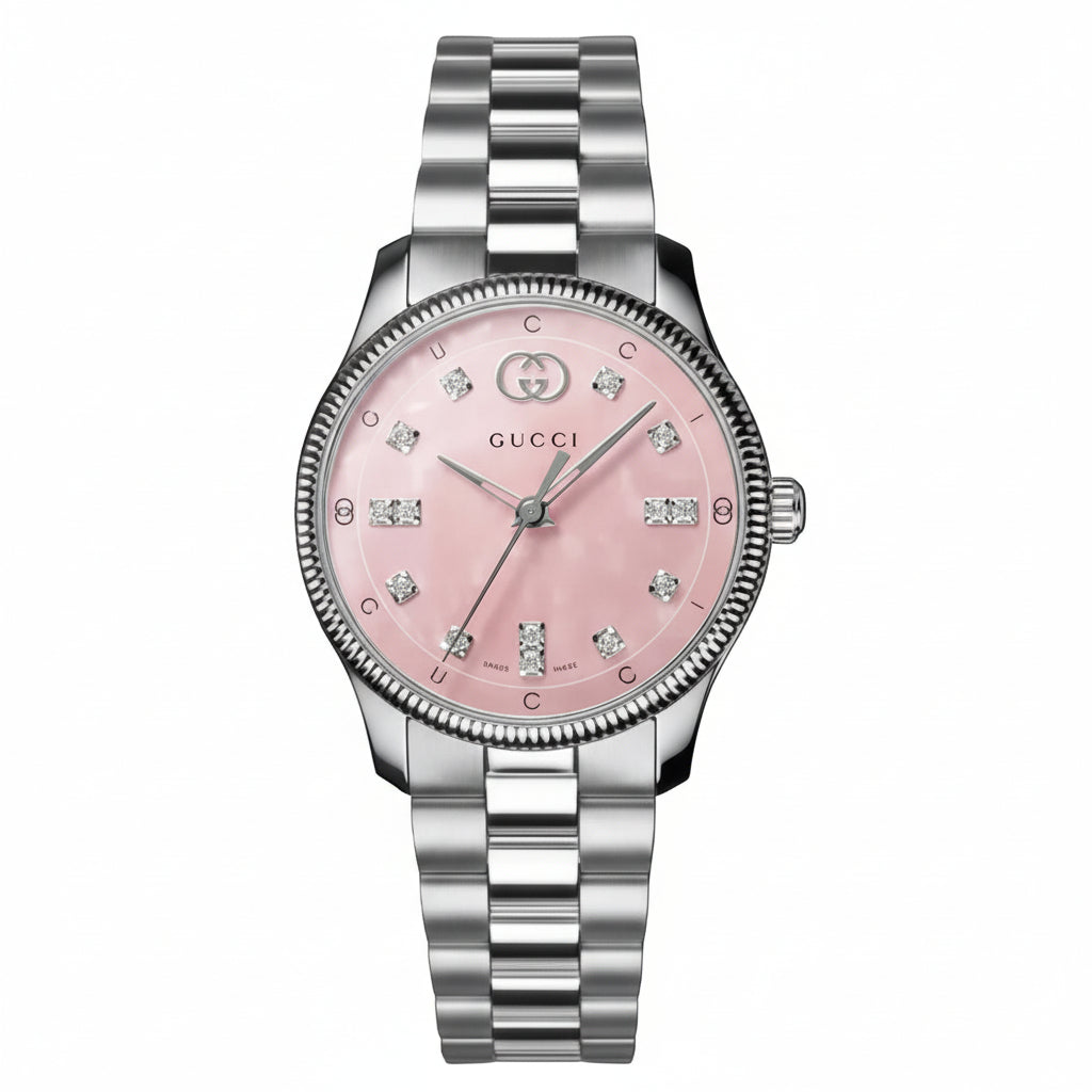 Gucci Women’s Swiss Made Quartz Silver Stainless Steel Mother OF Pearl Pink Stone Dail 29mm Watch YA1265062