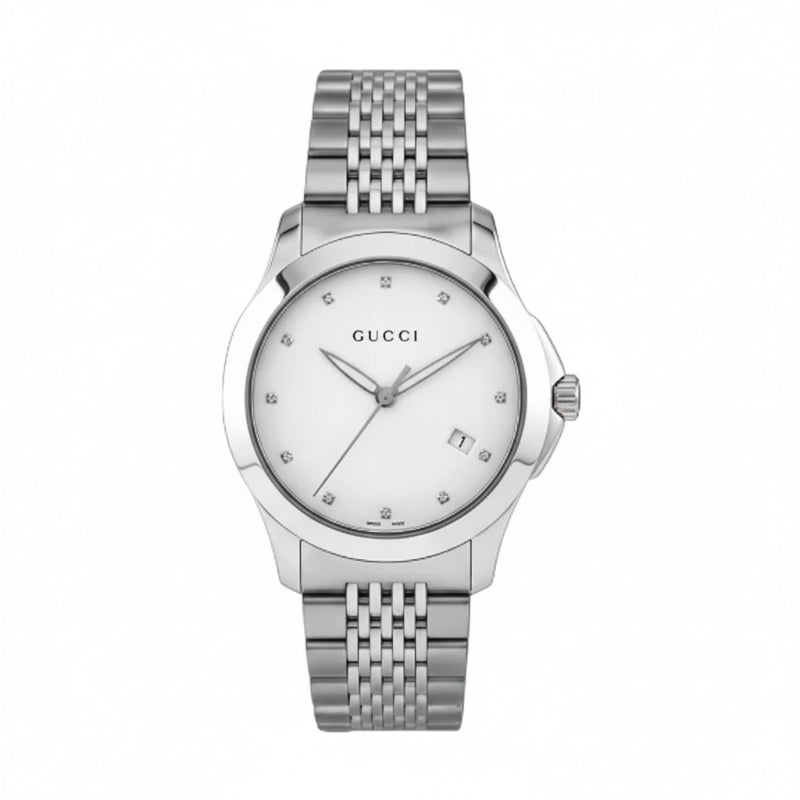 Gucci Men’s Swiss Made Quartz Silver Stainless Steel Silver Patterned Dial 38mm Watch YA126404