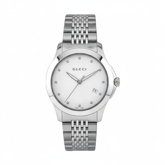 Gucci Men’s Swiss Made Quartz Silver Stainless Steel Silver Patterned Dial 38mm Watch YA126404