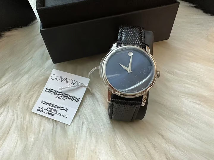 Movado Men’s Swiss Made Quartz Black Leather Strap Blue Dial 39mm Watch 2100009