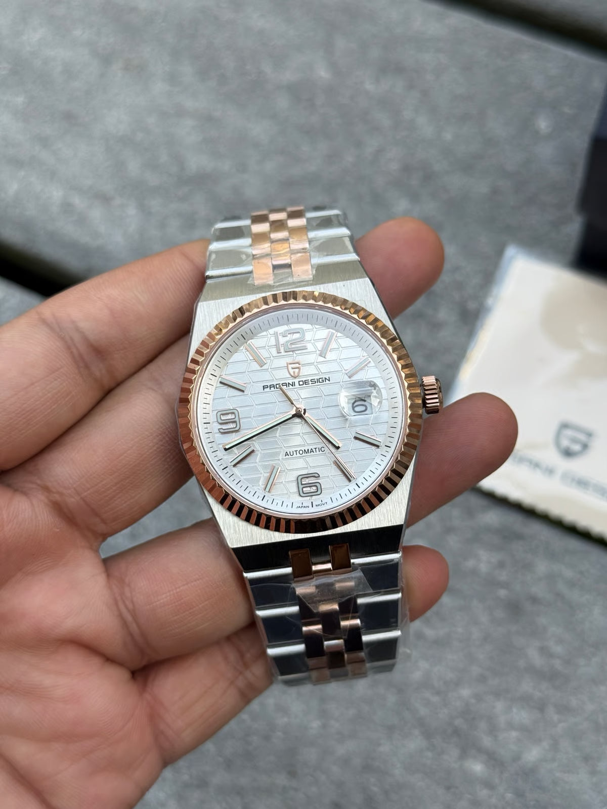 PAGAI DESIGN MEN'S 2025 NEW MODEL AUTOMATIC RHOMBUS DAIL TWO TONE ROSE GOLD CHAIN WATCH SKU-YS027