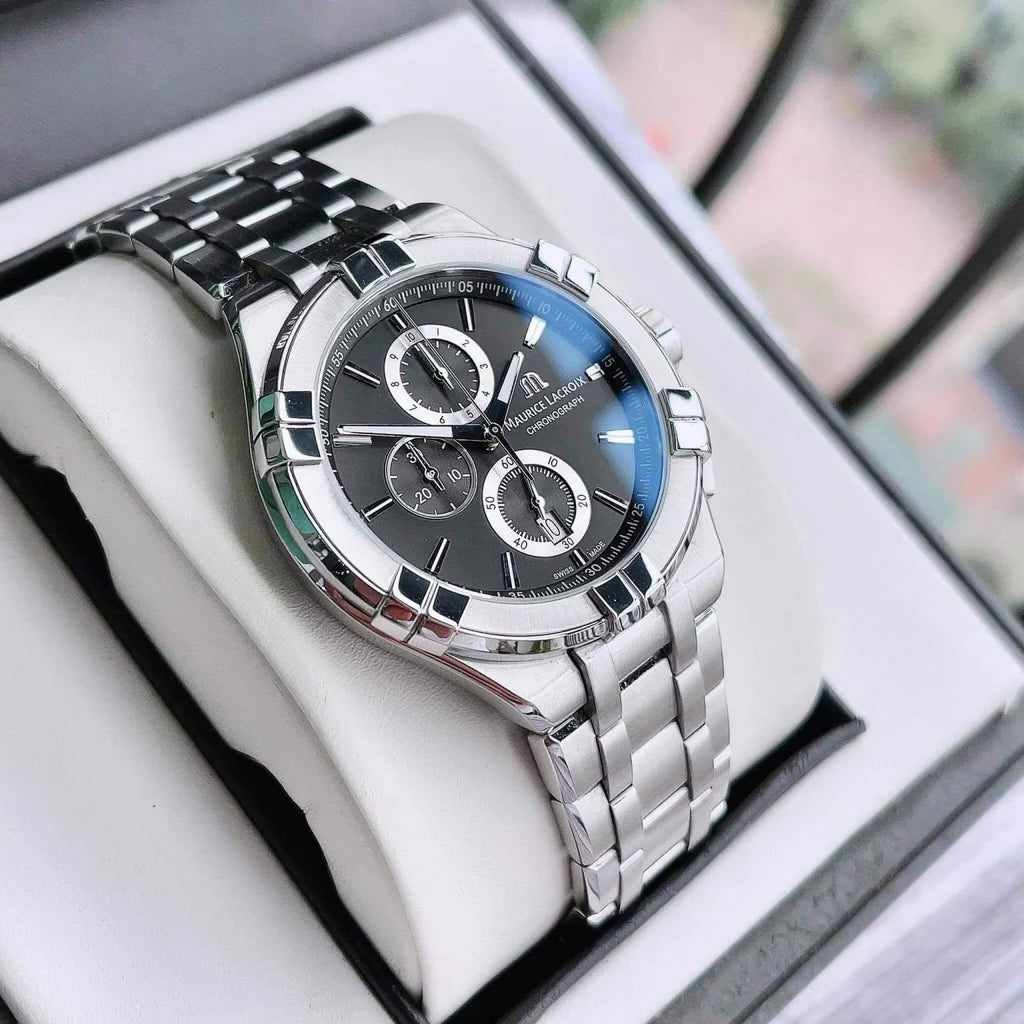 Maurice Lacroix Men’s Quartz Swiss Made Silver Stainless Steel Black Dial 44mm Watch AI1018-SS002-330-1