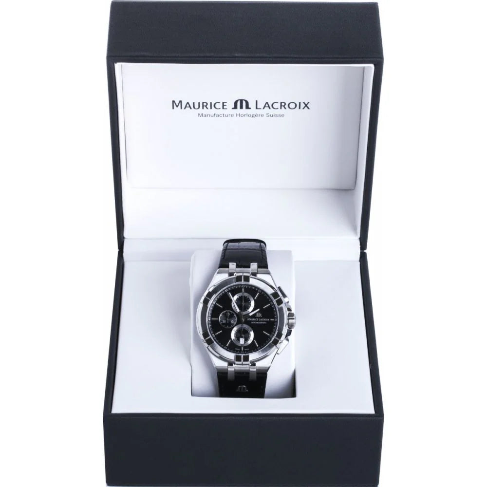 Maurice Lacroix Men’s Quartz Swiss Made BlackLeather Strap Black Dial 44mm Watch AI1018-SS001-330-1