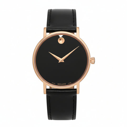 Movado Men’s Swiss Made Quartz Rose Gold Black Leather Strap Black Dial 40mm Watch 0607315