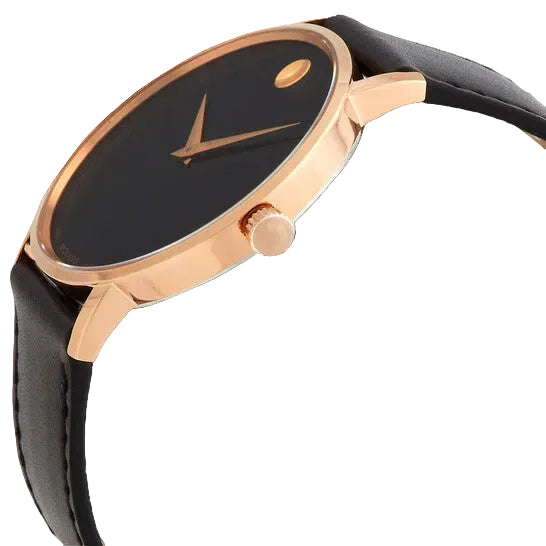 Movado Men’s Swiss Made Quartz Rose Gold Black Leather Strap Black Dial 40mm Watch 0607315