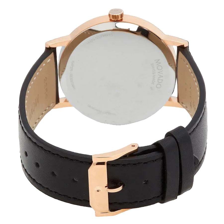Movado Men’s Swiss Made Quartz Rose Gold Black Leather Strap Black Dial 40mm Watch 0607315