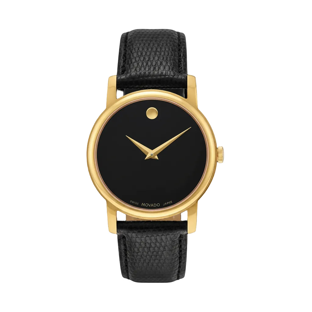 Movado Men’s Quartz Swiss Made Leather Strap Black Dial 38mm Watch 2100005