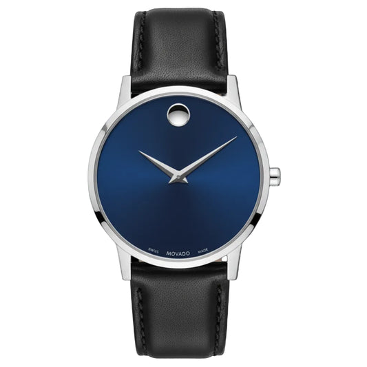 Movado Men’s Swiss Made Quartz Black Leather Strap Blue Dial 40mm Watch 0607313