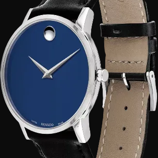 Movado Men’s Swiss Made Quartz Black Leather Strap Blue Dial 40mm Watch 0607313
