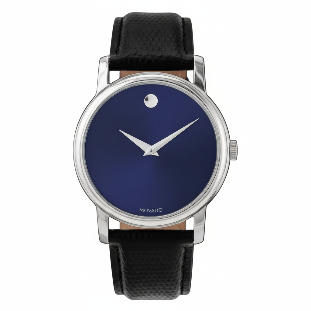 Movado Men’s Swiss Made Quartz Black Leather Strap Blue Dial 39mm Watch 2100009