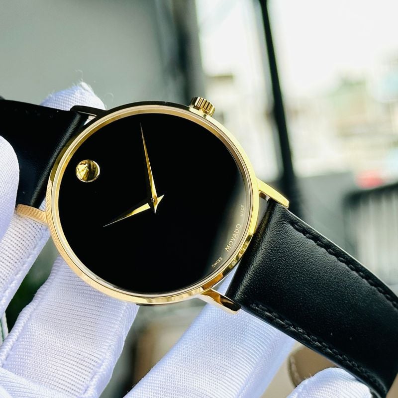 Movado Men’s Swiss Made Quartz Golden Black Leather Strap Blue Dial 40mm Watch 0607314
