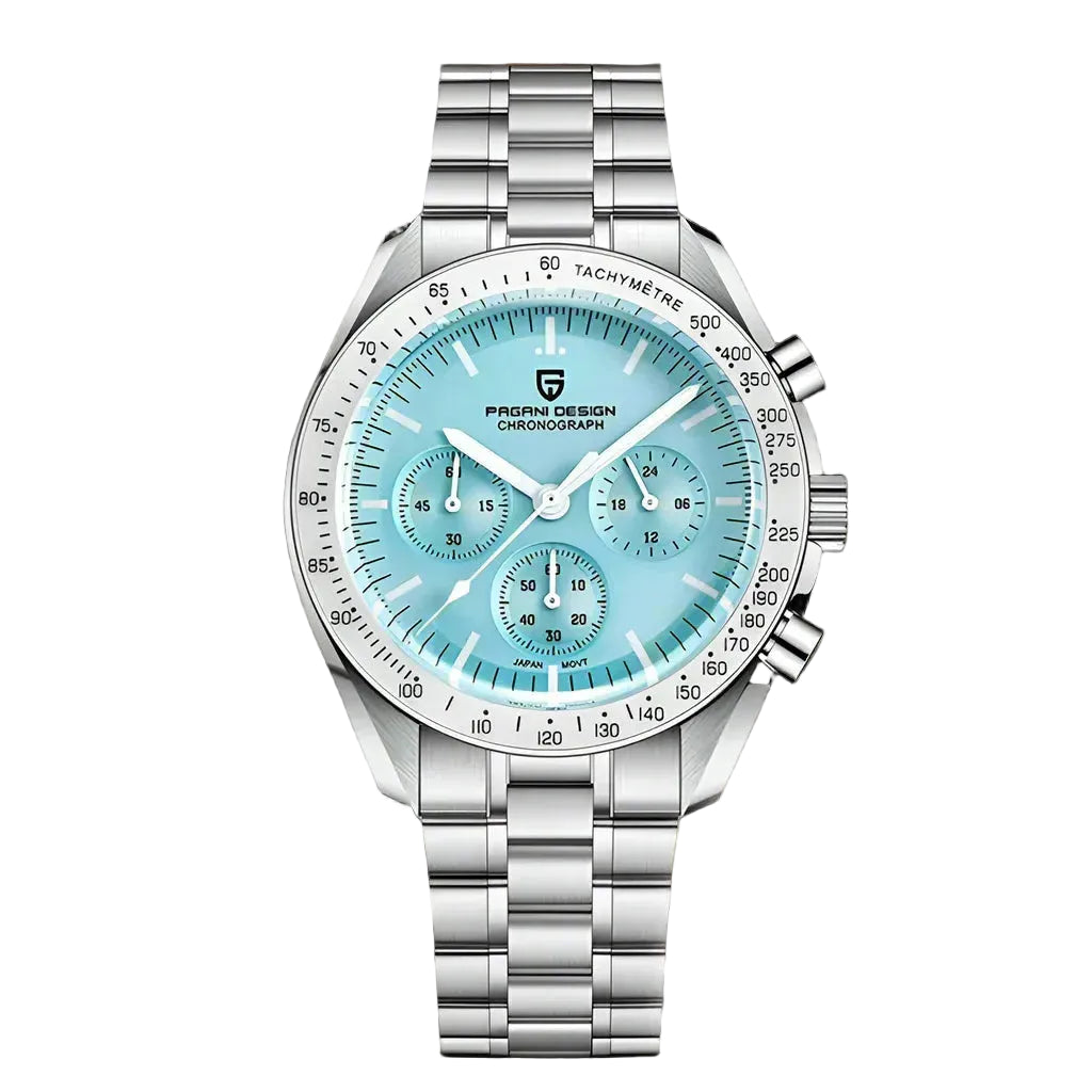 PAGANI DESIGN MEN'S CHRONOGRAPH MOON WATCH SILVER STAINLESS STEEL JAPANEES QUARTZ MOVEMENTS ICE BLUE DAIL SKU-PD1701