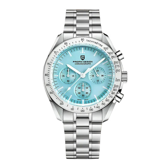 PAGANI DESIGN MEN'S CHRONOGRAPH MOON WATCH SILVER STAINLESS STEEL JAPANEES QUARTZ MOVEMENTS ICE BLUE DAIL SKU-PD1701