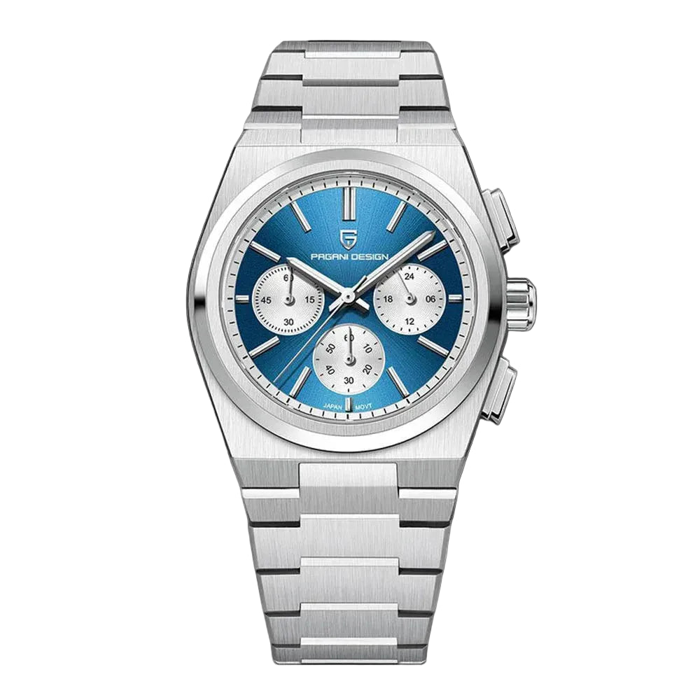 PAGANI DESIGN MEN'S CHRONGRAPH SILVER STAINLESS STEEL JAPANEES QUARTZ MOVEMENT BLUE DAIL CHAI WATCH SKU-PD1761
