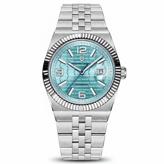 PAGANI DESIGN MEN'S NEW MODEL 2025 SILVER STAINLESS STEEL WITH ICE BLUE DAIL CHAIN WATCH AUTOMATIC SKU-YS027