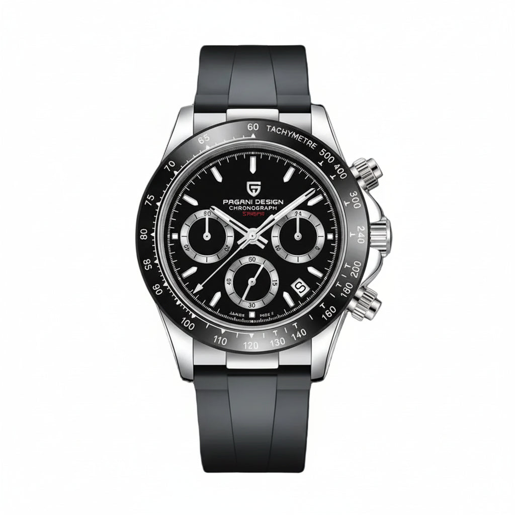 PAGANI DESIGN MEN'S WATCH CHRONOGRAPH SILVER STAINLESS STEEL BLACK DAIL BLACK SILICON STRAP WATCH SKU-PD-1664