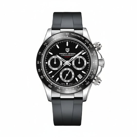 PAGANI DESIGN MEN'S WATCH CHRONOGRAPH SILVER STAINLESS STEEL BLACK DAIL BLACK SILICON STRAP WATCH SKU-PD-1664