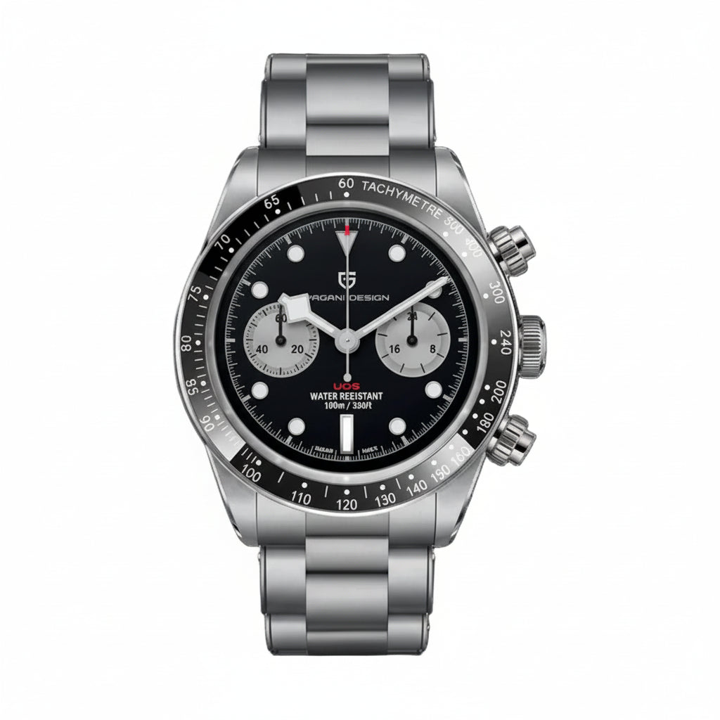 PAGANI DESIGN MEN'S CHRONOGRAPH SILVER STAINLESS STEEL BLACK DAIL CHAIN WATCH JAPANESS QUARTZ SKU-PD1718